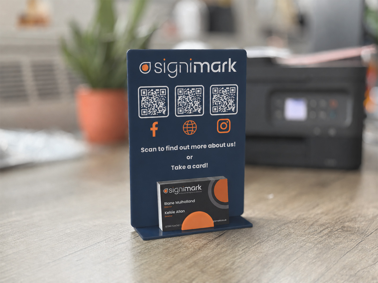 Acrylic desk sign with QR codes and business card holder
