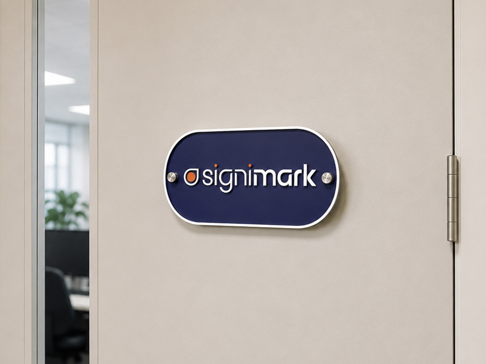 Layered acrylic door sign with standoff fixings on an office door
