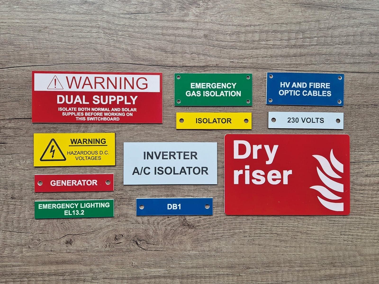 Engraved labels including warning signs and switchboard labels
